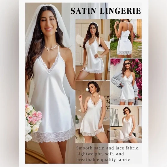 White Satin Lace Chemise Wedding Lingerie Size M - Picture 3 of 6
